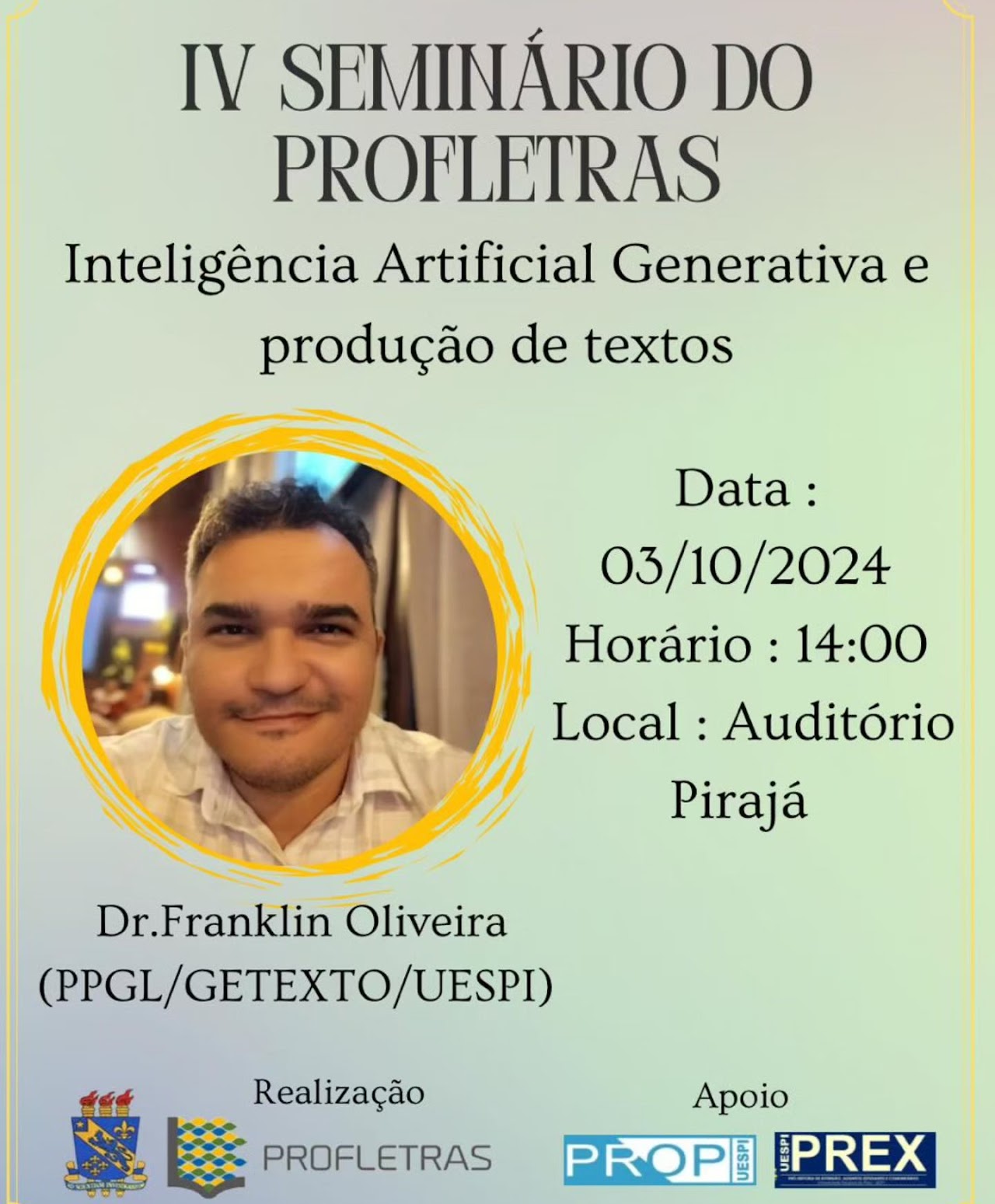 Palestra sobre Inteligência Artificial Generativa e Produção de Textos no IV Seminário do PROFLETRAS